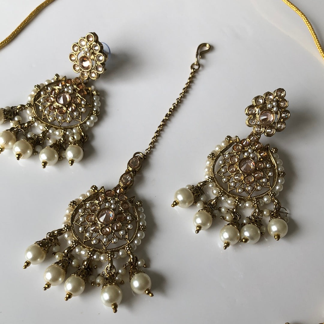 Pearl Gold Necklace Earring Tikka Set