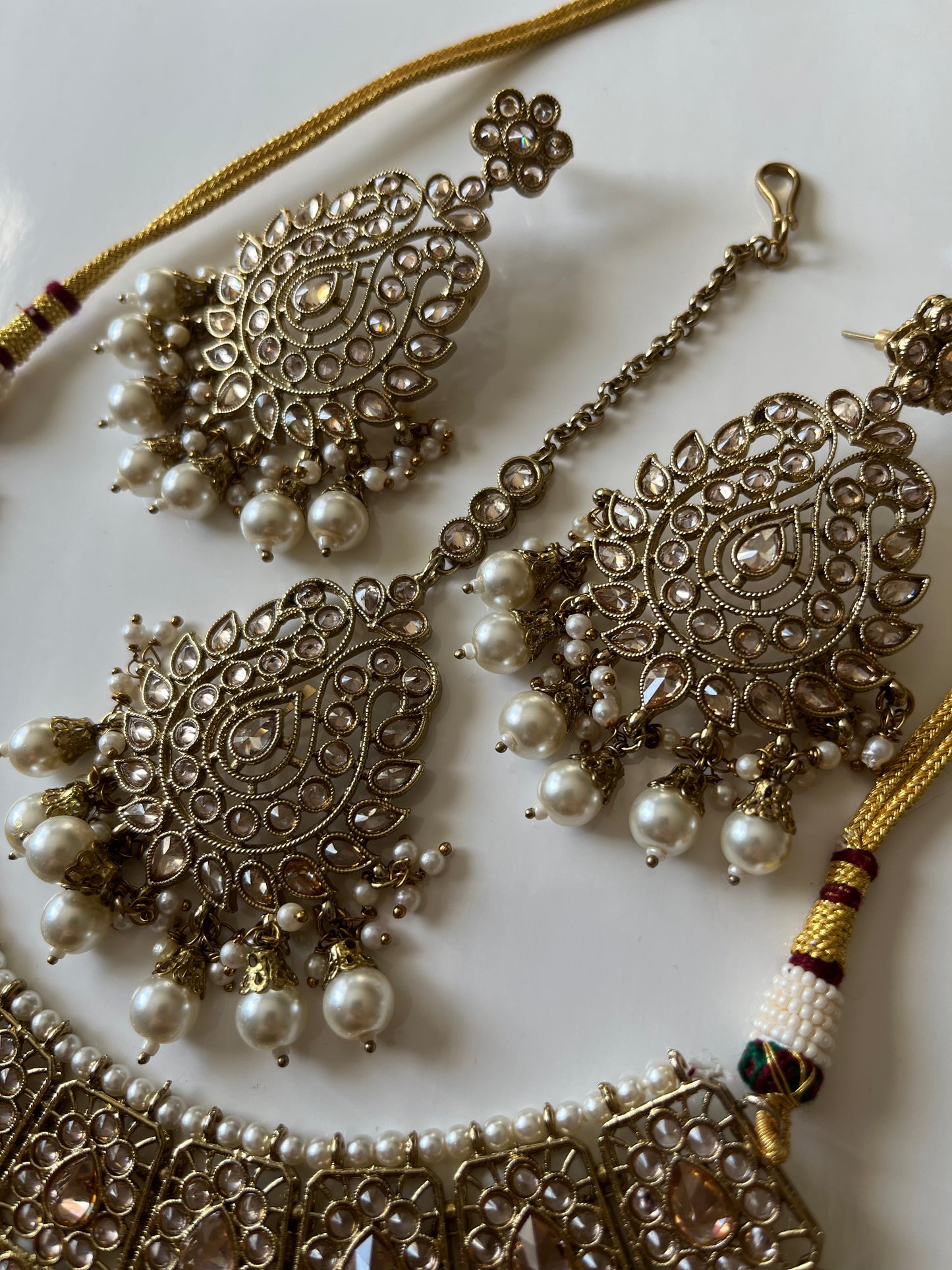 Semi-Bridal Gold Pearl Necklace Earring Tikka Set