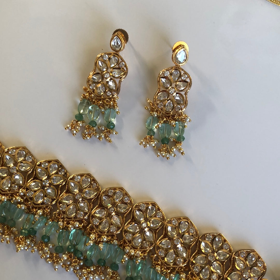 Sea Green Gold Plated Choker Necklace Earring Set