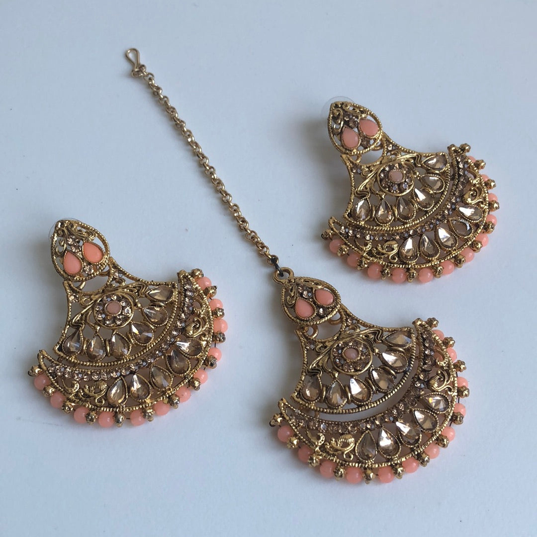 Peach Gold Crystal Earring Tikka Set