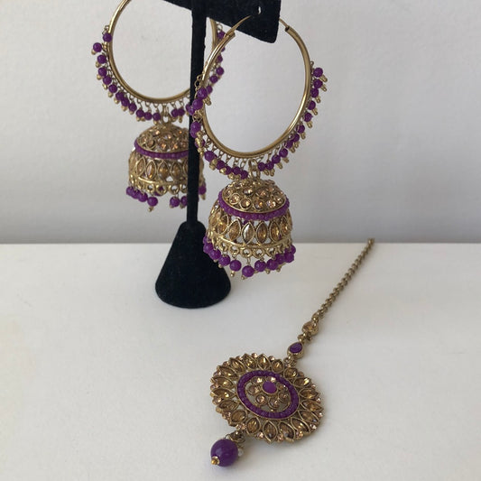 Purple Gold Jumke Earring Tikka Set