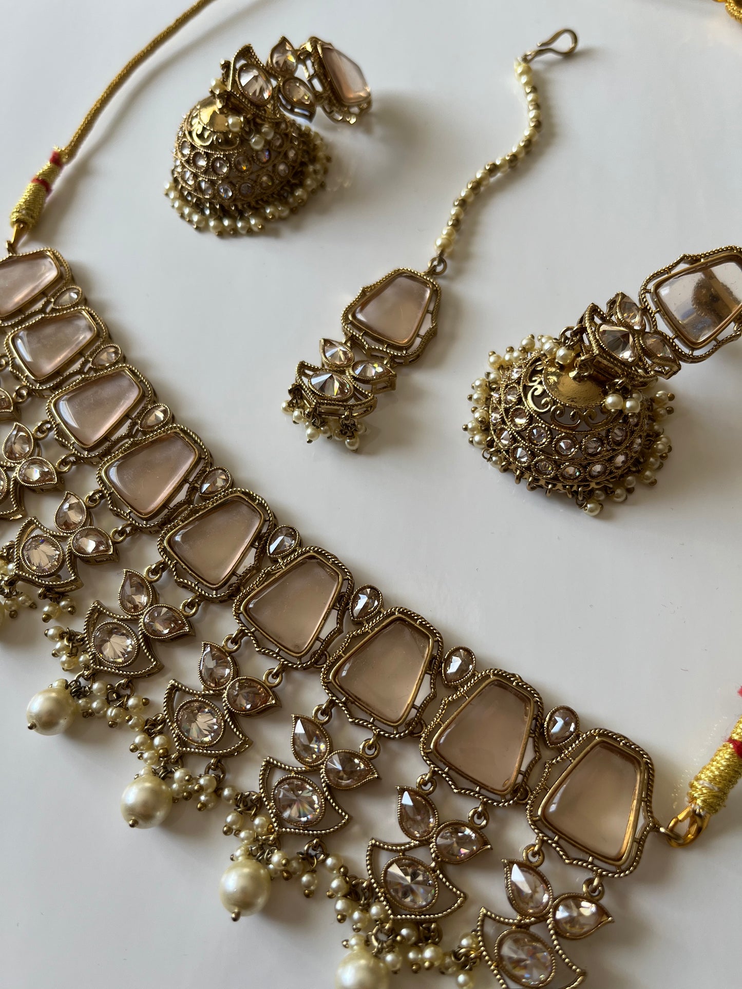 Stunning Glass Pearls Necklace Earring Tikka Set