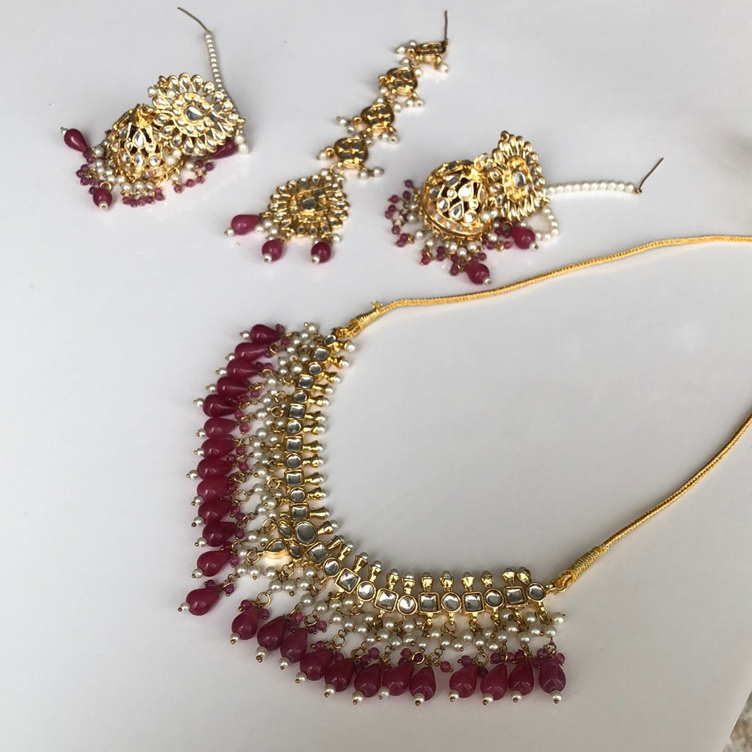 Fuchsia Pink Necklace Earring Tikka Set