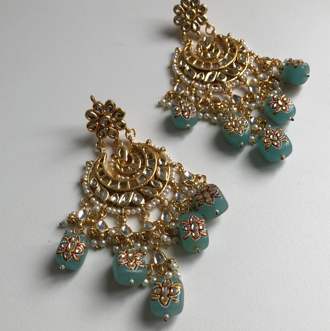 Kundan Ocean Blue Hand-Painted Earrings