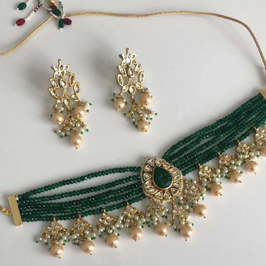 Emerald Green Kundan Pearl Earring Necklace Set