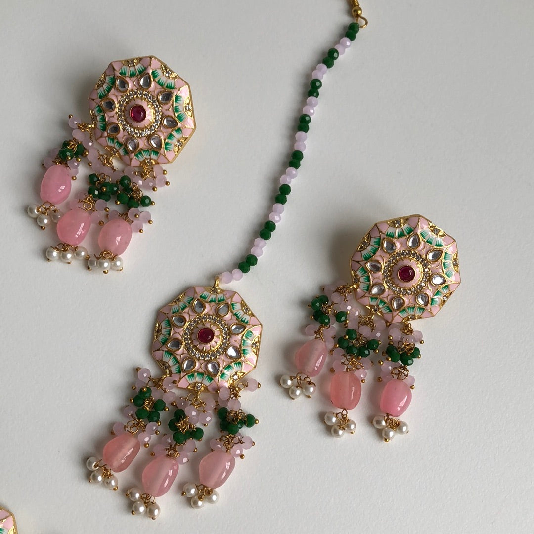 Blush Pink & Green Choker Necklace Earring Tikka Set