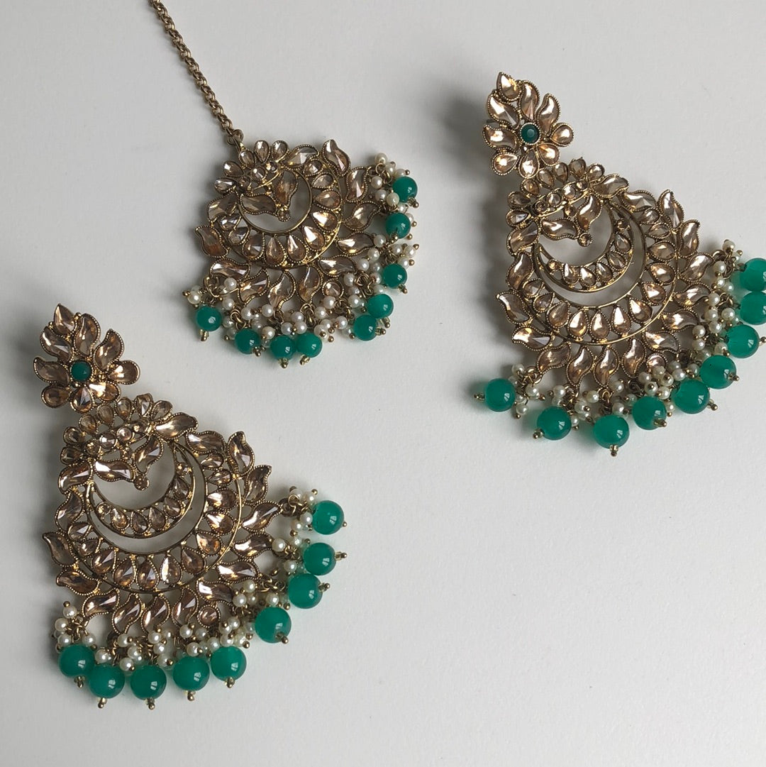 Light Green Stone Gold Earring Tikka Set