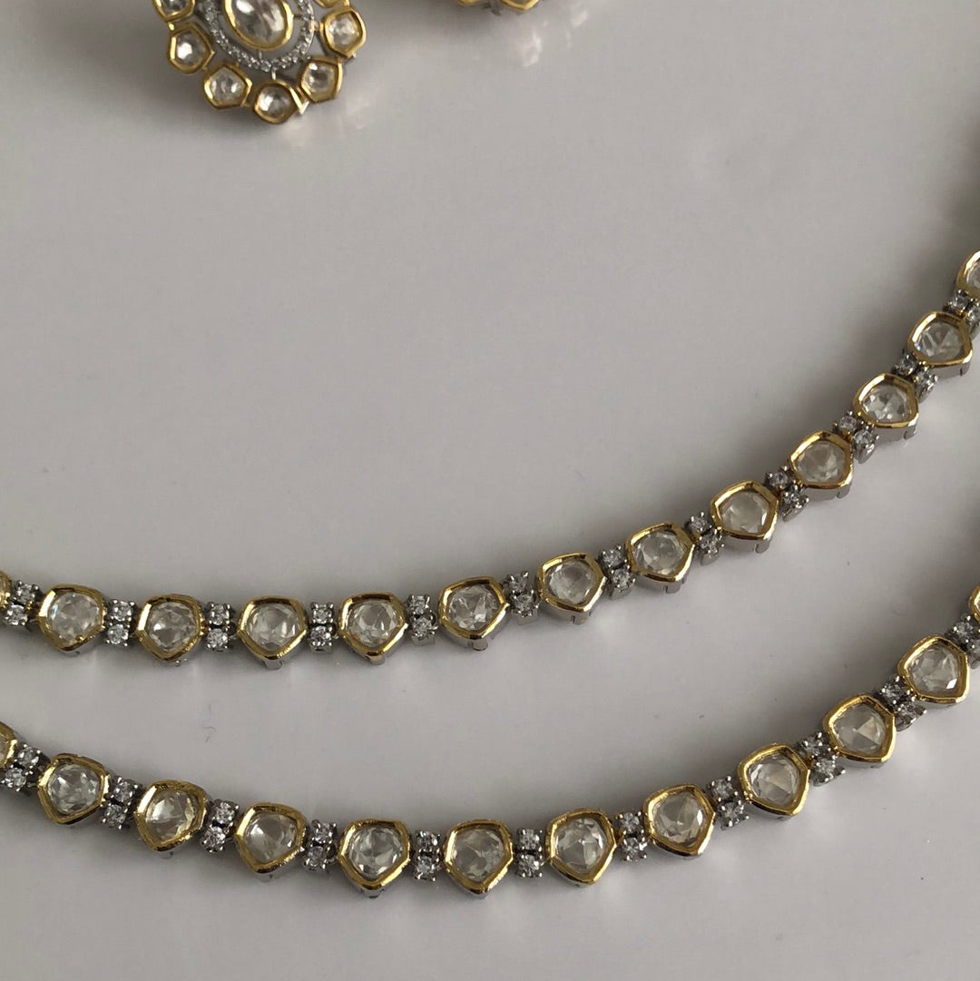 Silver Gold Double Strand Stone Necklace Earring Set