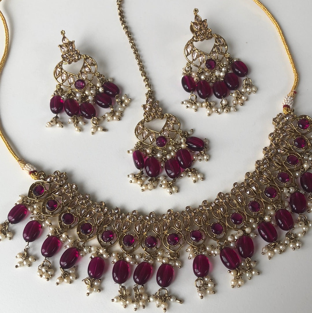 Maroon Necklace Earring Tikka Set
