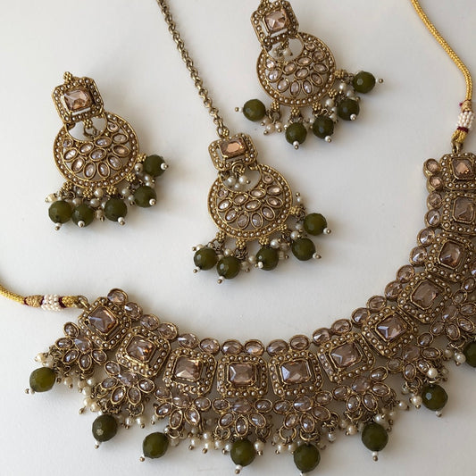 Mehndi Green Gold Necklace Earring Tikka Set