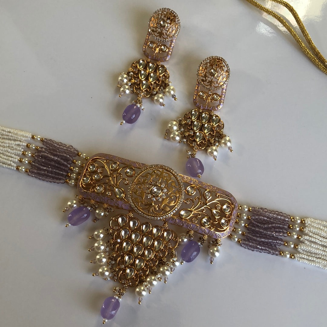 Lavender Gold Plated Choker Necklace Earrings