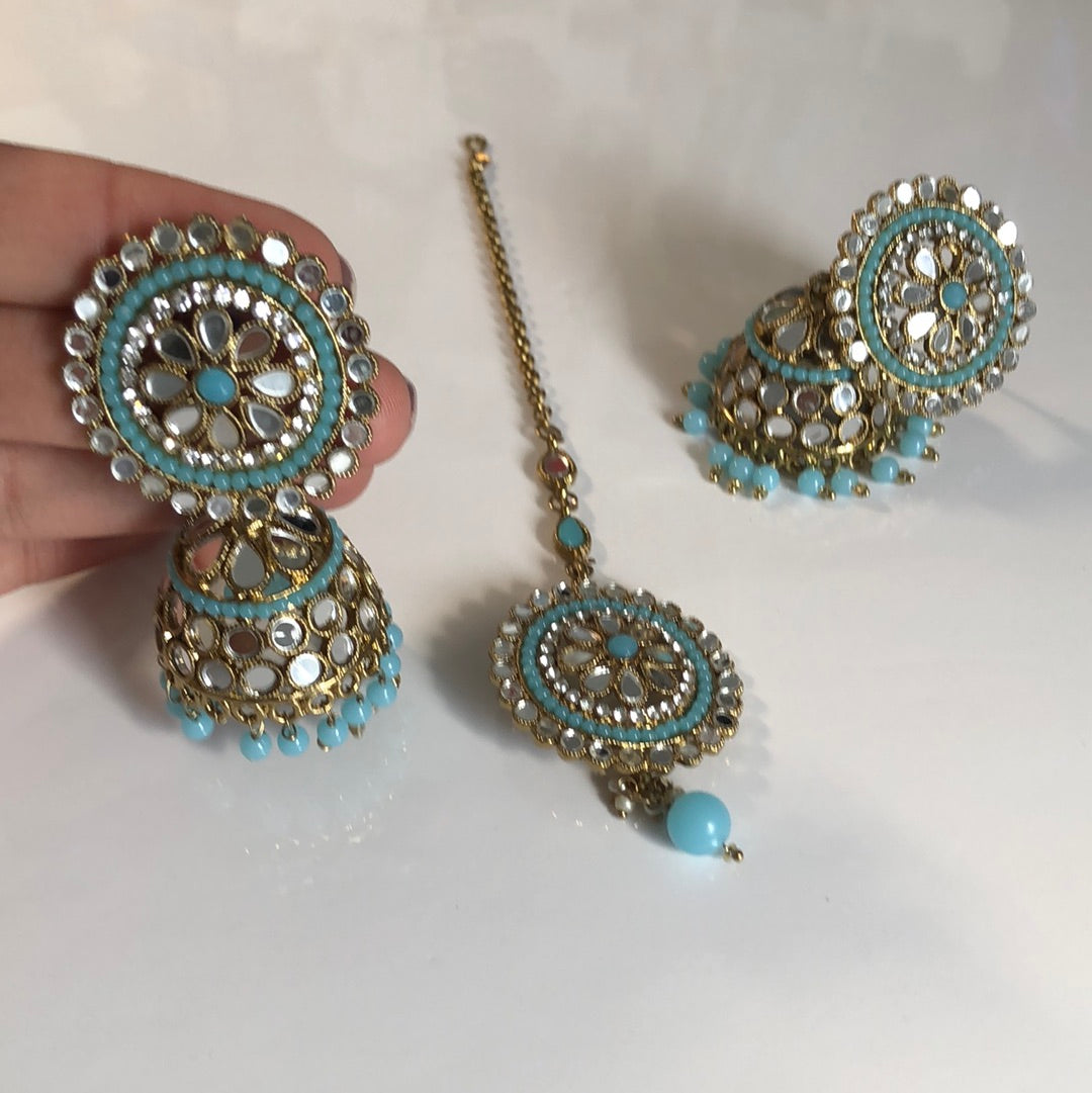 Ocean Blue Mirror Earring Tikka Set