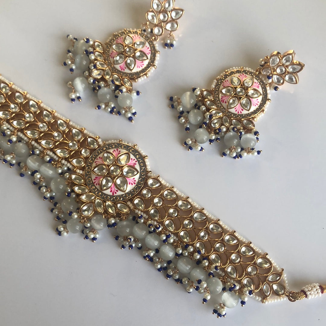 Blue/Grey and Pink accented Necklace Earring Set