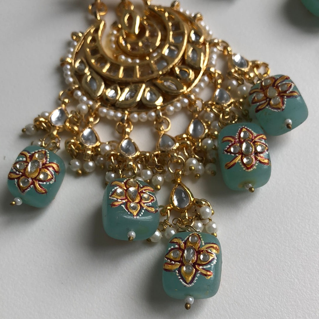 Kundan Ocean Blue Hand-Painted Earrings