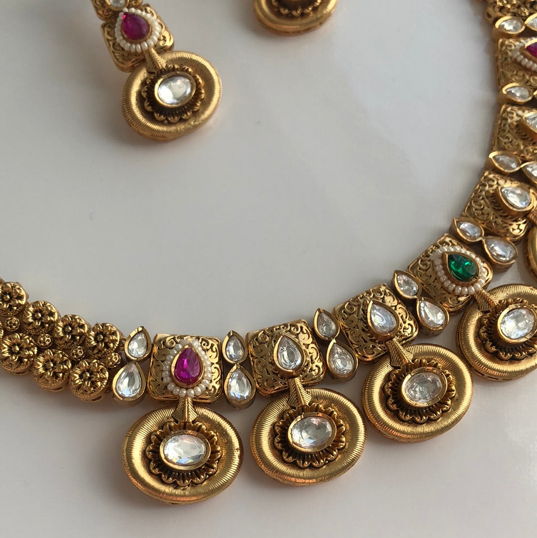 Antique Gold Plated Kundan Necklace Earring Set