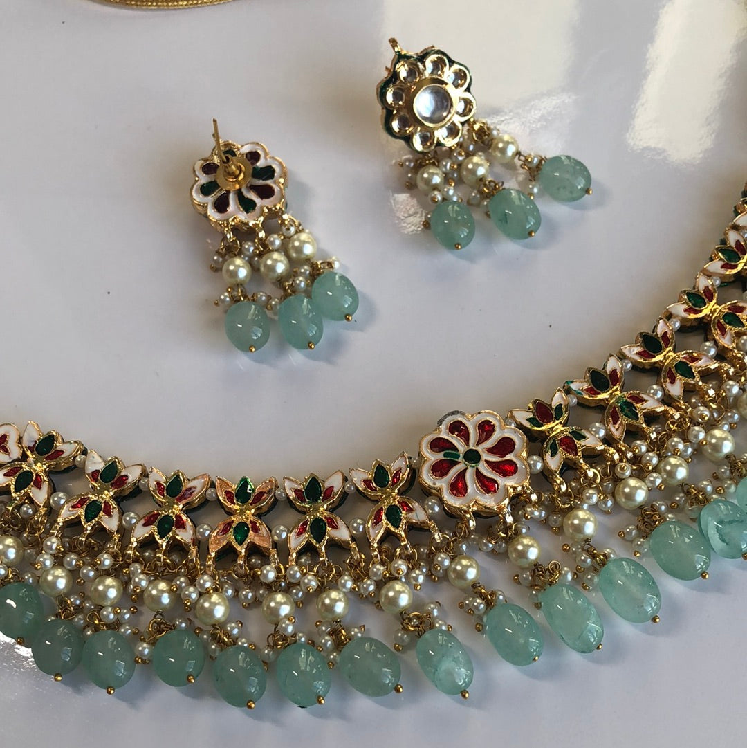 Green Blue Kundan Necklace Set