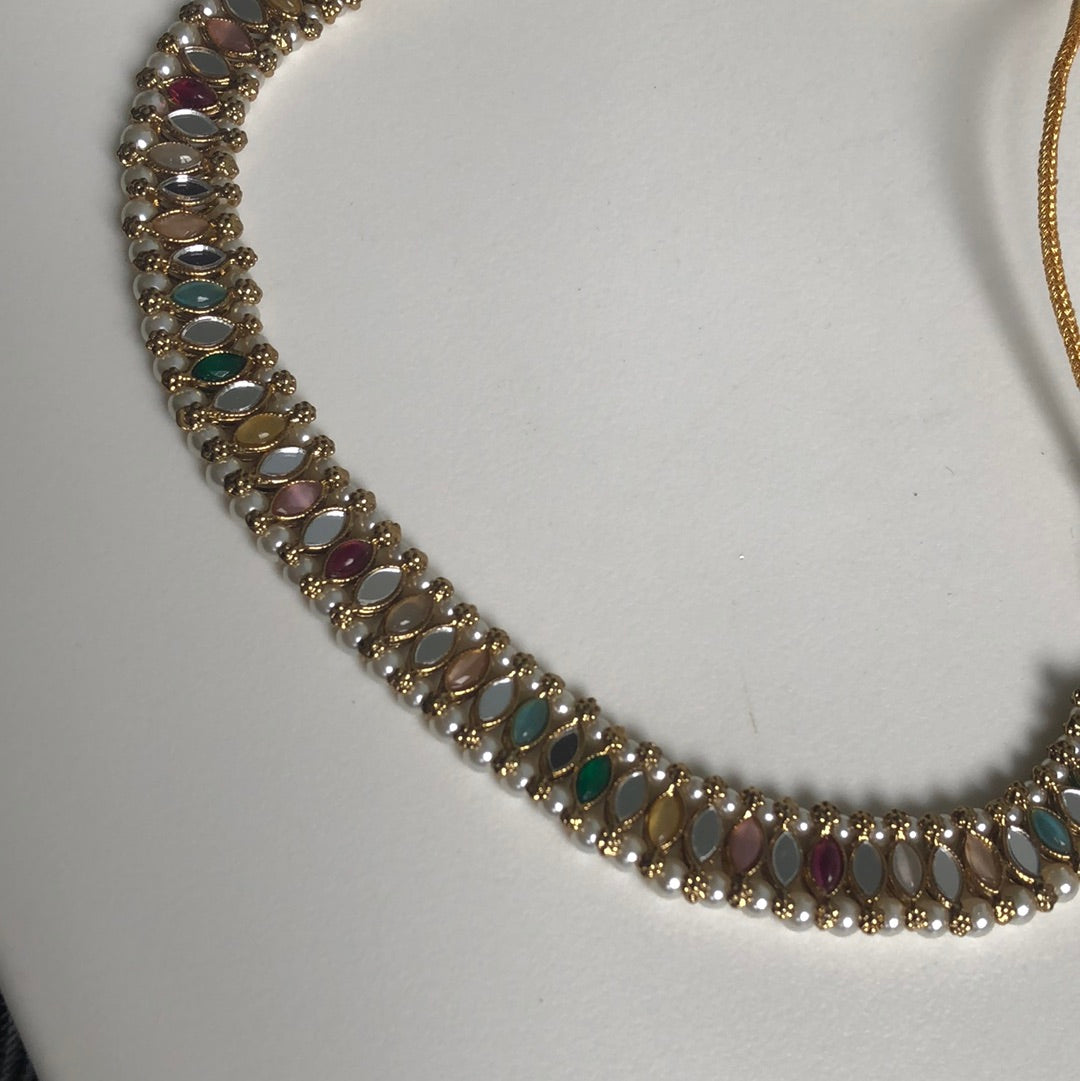 Mirrored Multicolour Simple Sangeet Necklace Earring Tikka Set