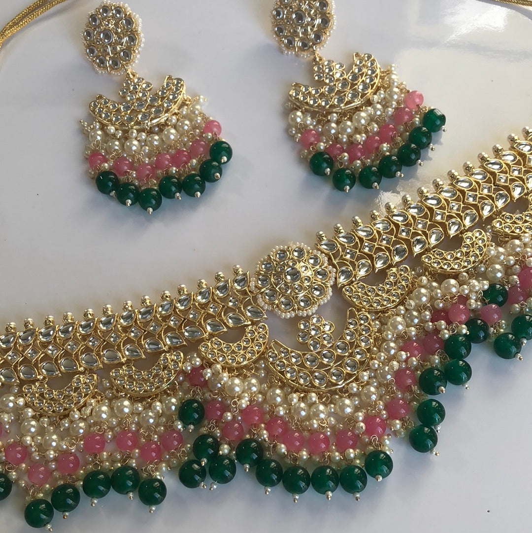 Forest Green Pink Pearl Necklace Earring Set