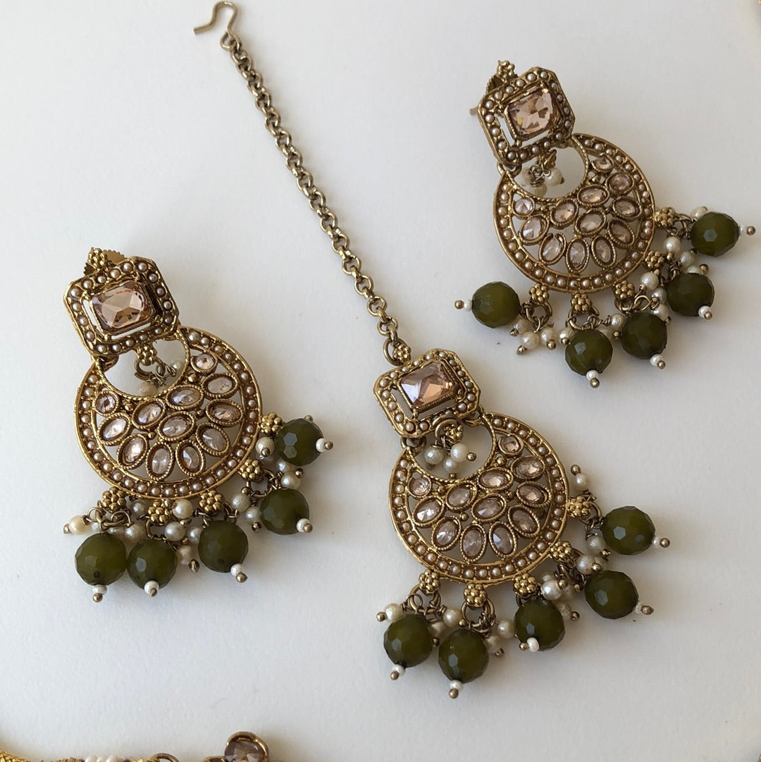 Mehndi Green Gold Necklace Earring Tikka Set