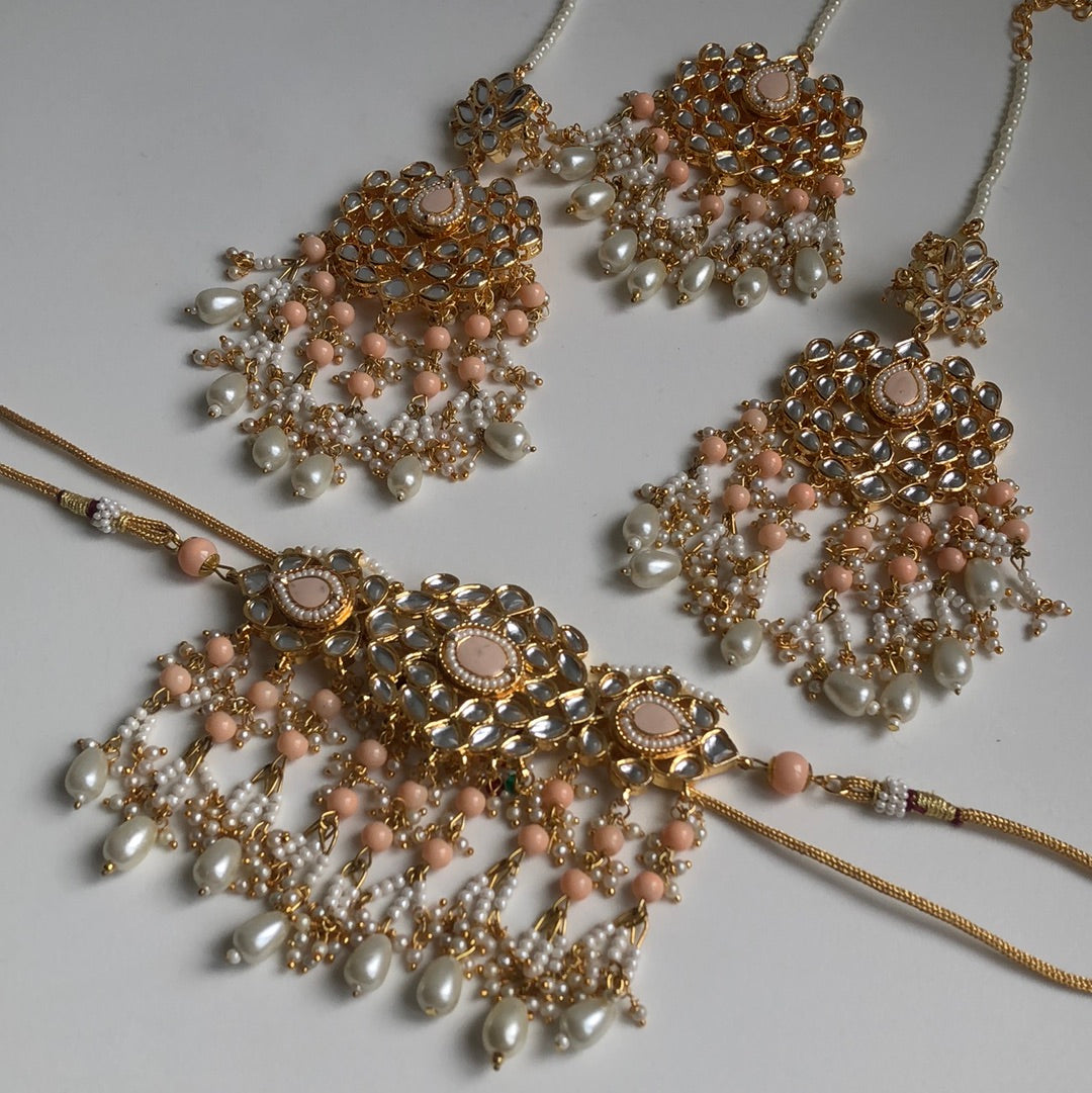 Peach Waterfall Pearl Necklace Earring Tikka Set