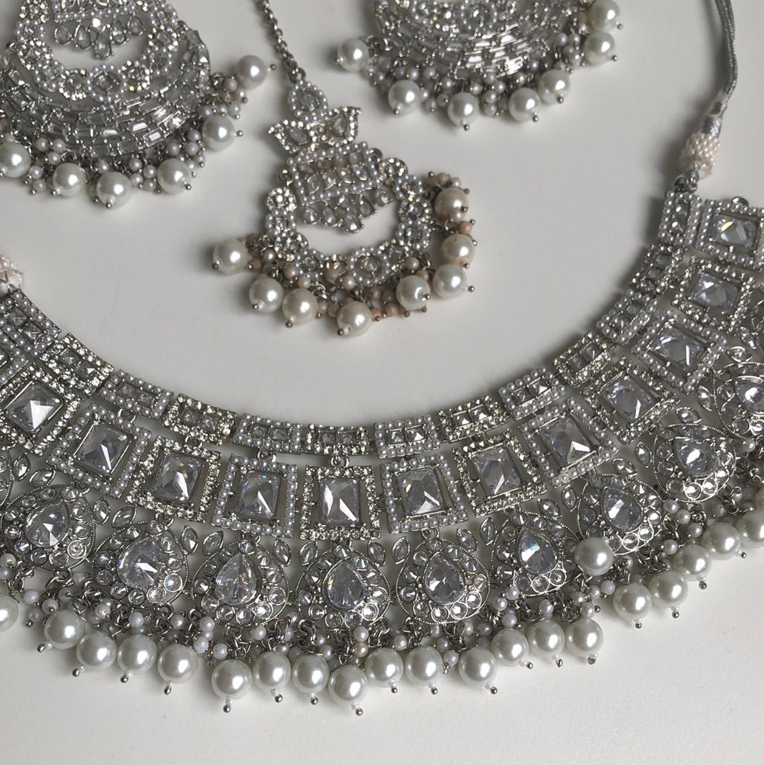 Silver Crystal Necklace Earring Tikka Set