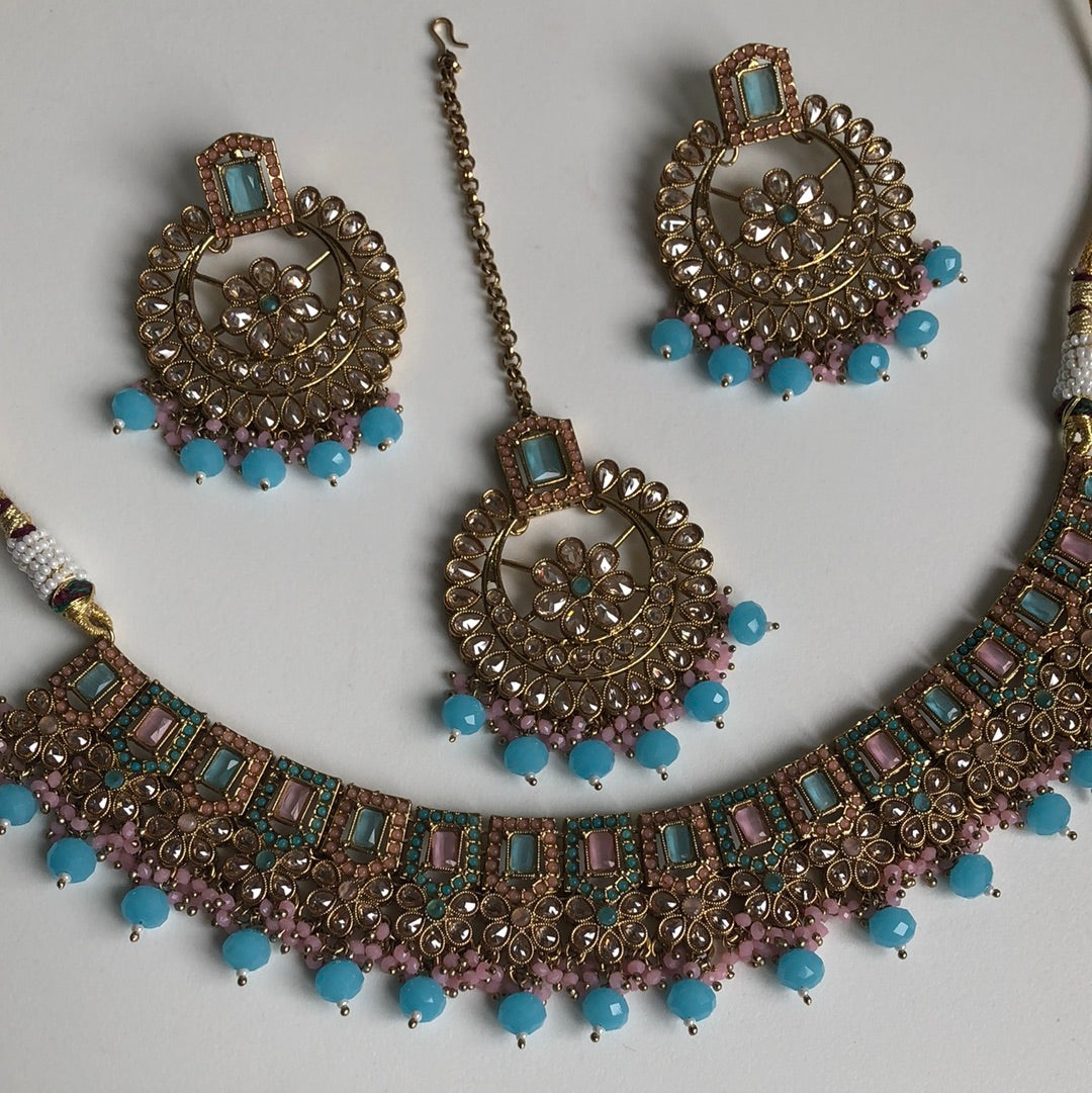 Aqua Blue & Baby Pink Crystal Necklace Earring Tikka Set