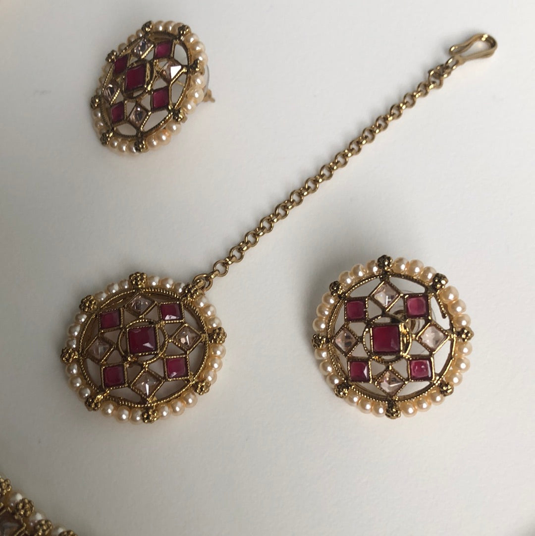 Red Pearl Maroon Choker Earring Tikka Set