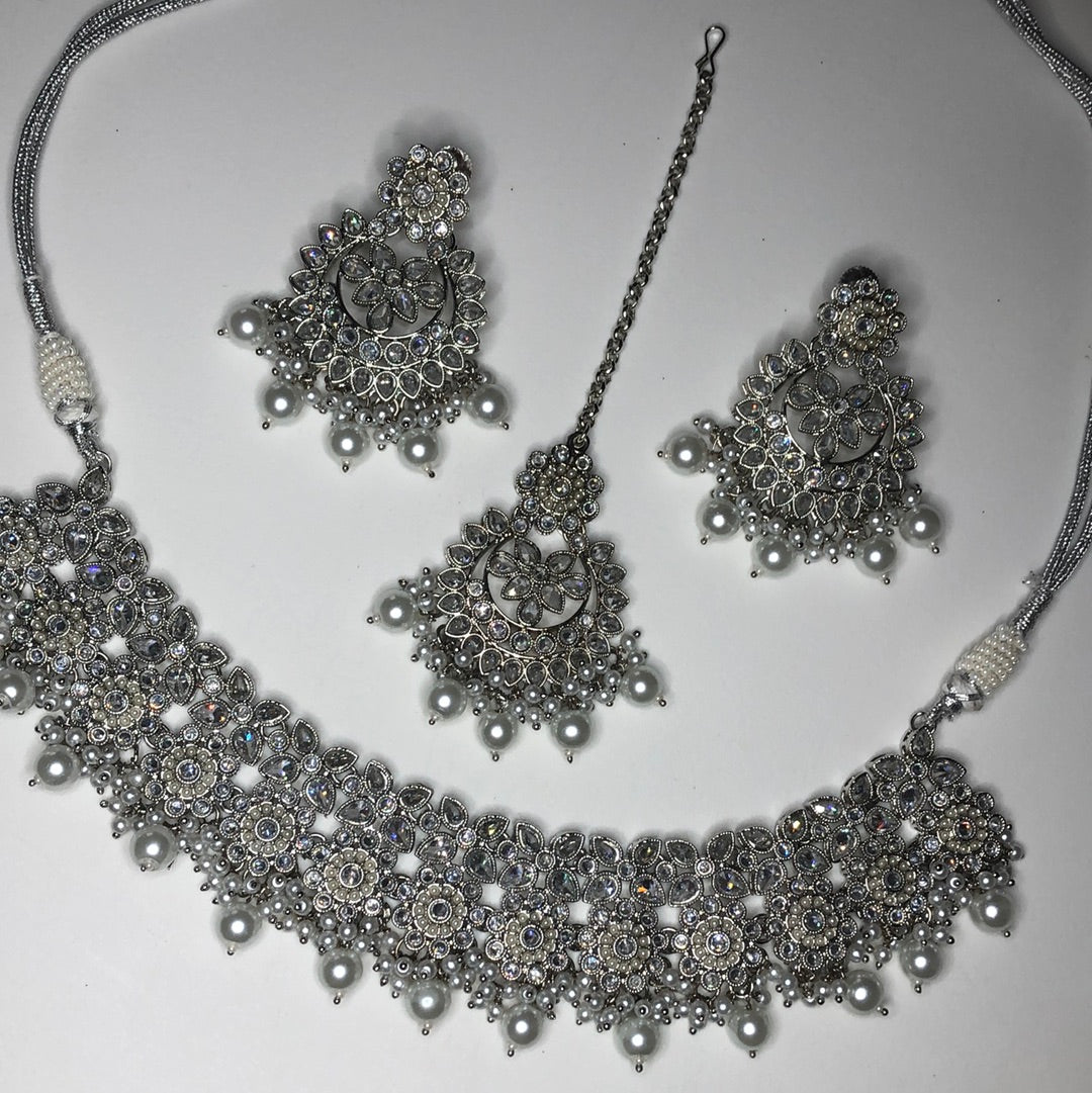 Polki Silver Crystal Necklace Earring Tikka Set
