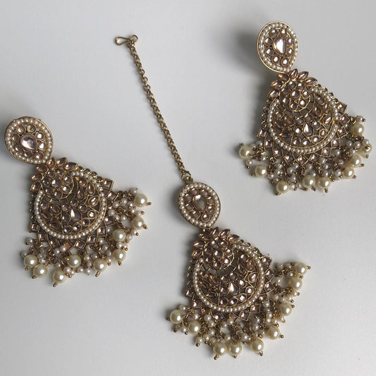 Gold Pearl Drop Earring Tikka Set