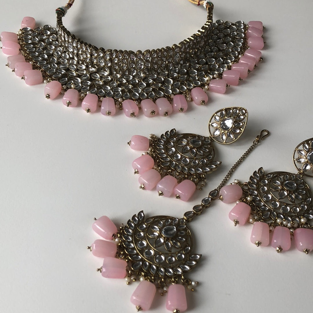 Baby Pink Necklace Earring Tikka Set