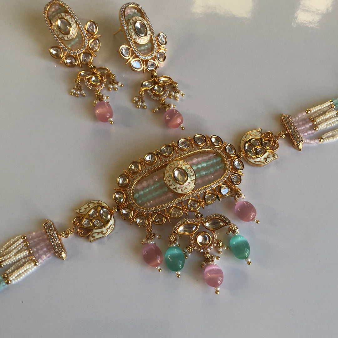 Gold Plated Baby Pink and Green Necklace Earring Set