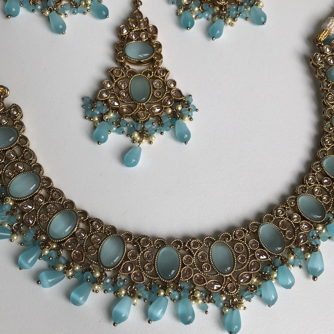 Ocean Blue Elegant Stone Necklace Earring Tikka Set