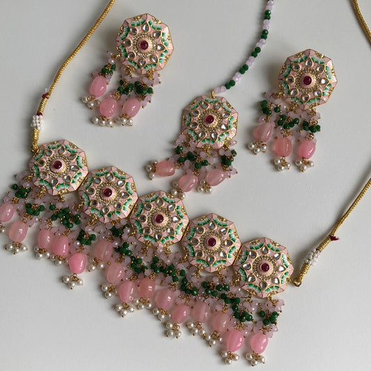 Blush Pink & Green Choker Necklace Earring Tikka Set