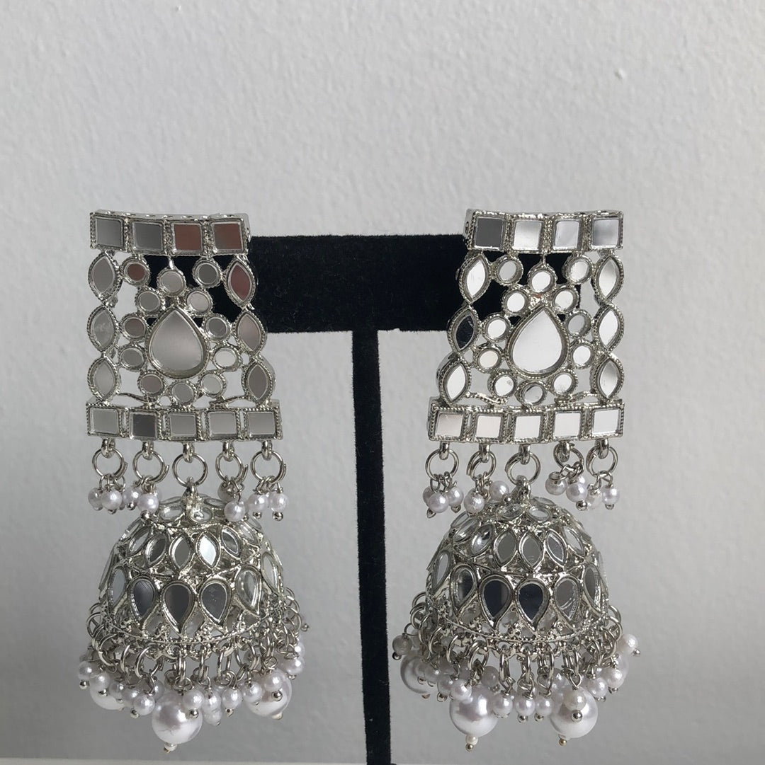 Silver Mirrored Necklace Earring Set