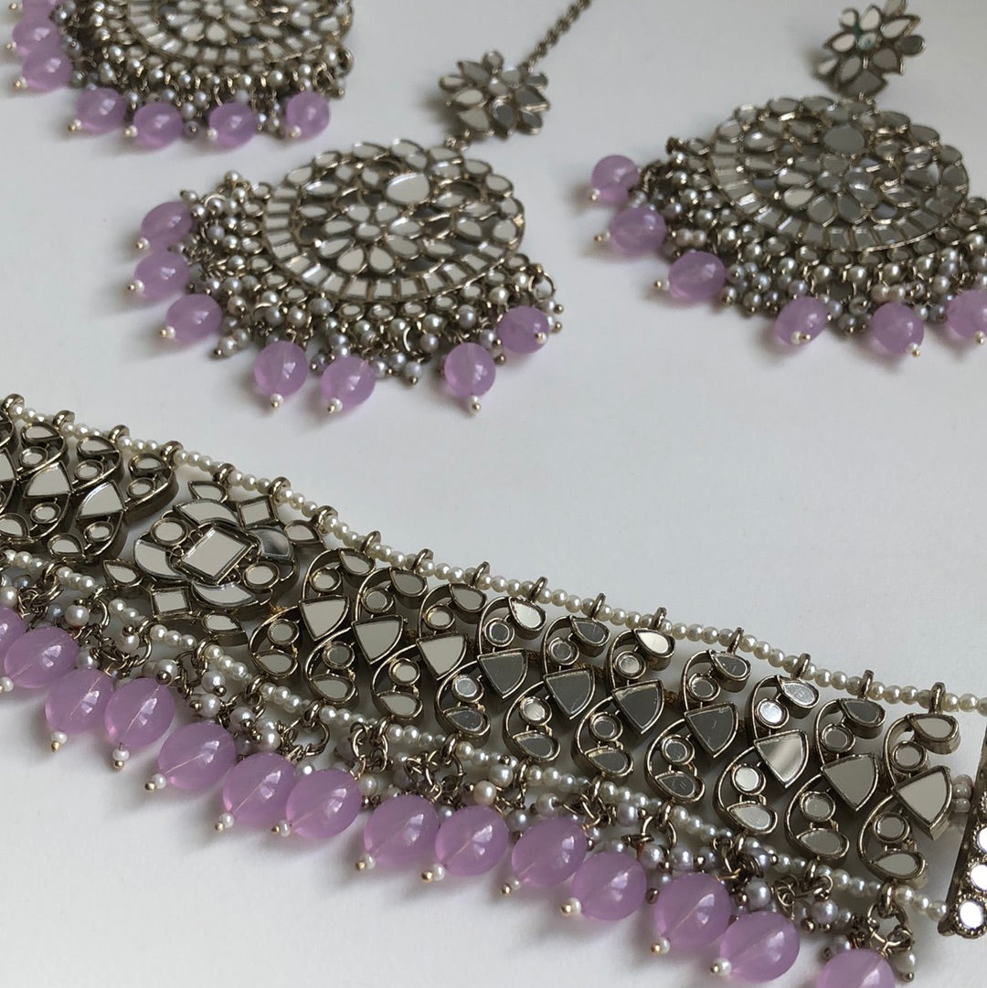 Lavender Mirrored Necklace Earring Tikka Set