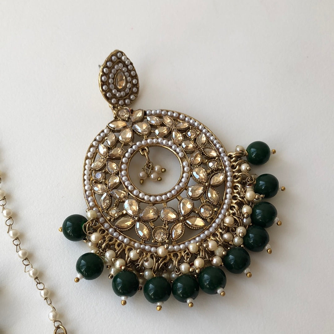 Emerald Green Drop Earrings Tikka Set