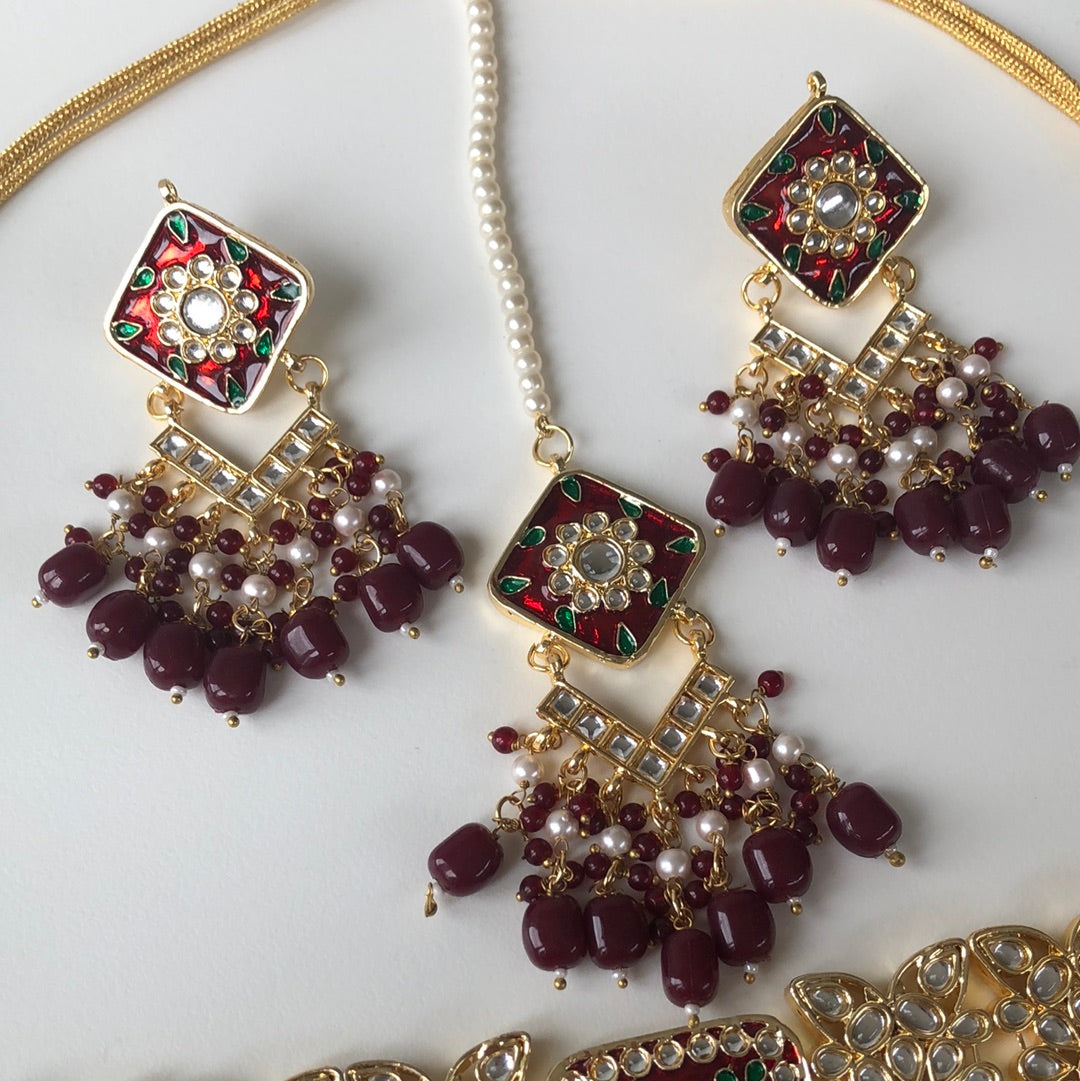 Maroon Red Necklace Earring Tikka Set