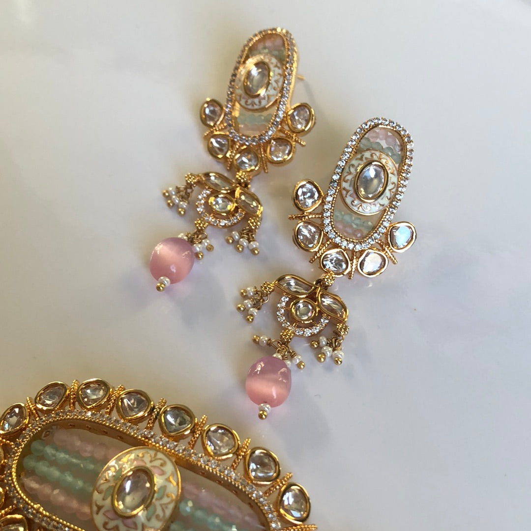 Gold Plated Baby Pink and Green Necklace Earring Set