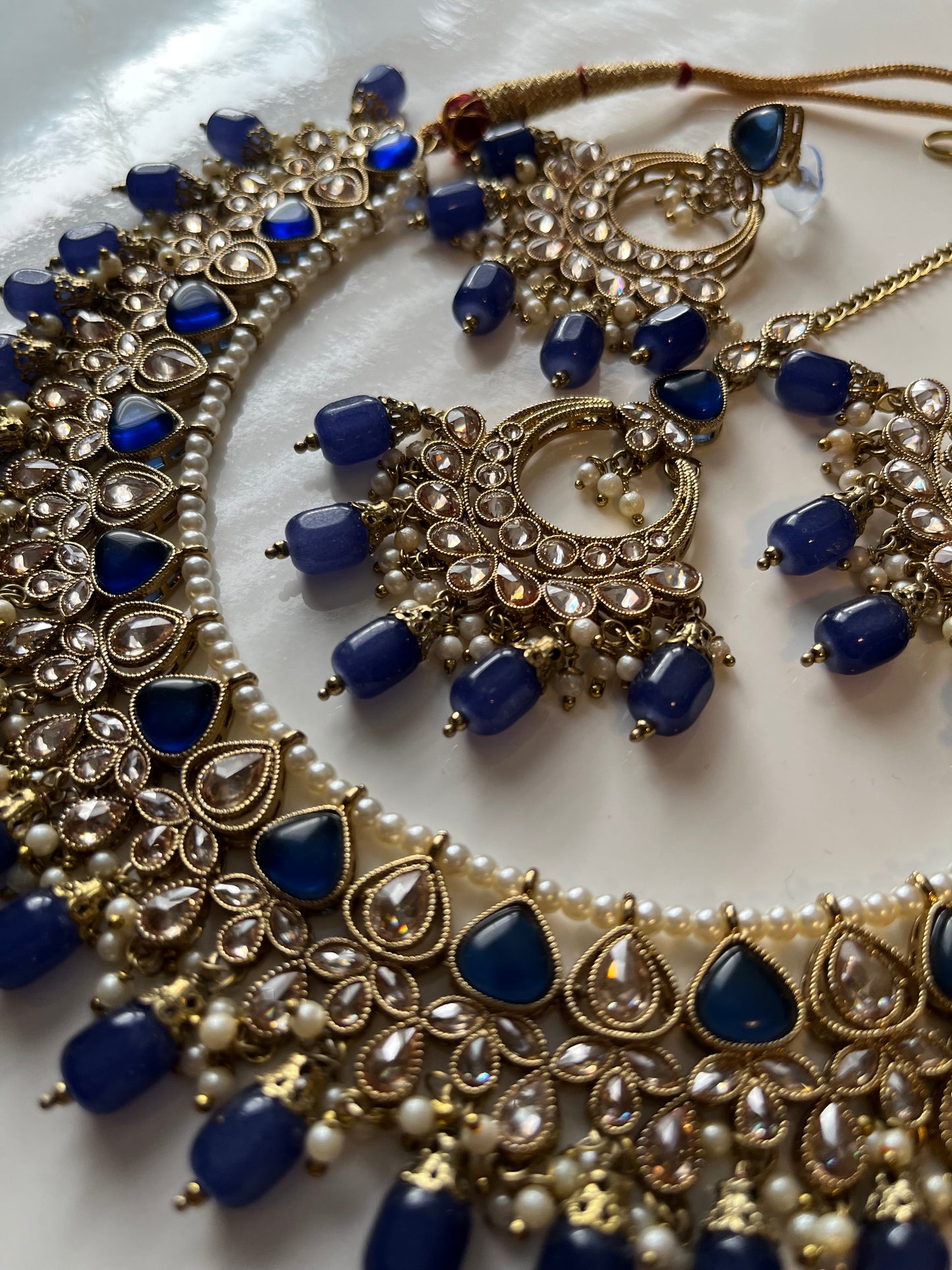 Blue Polki Necklace Earring Tikka Set