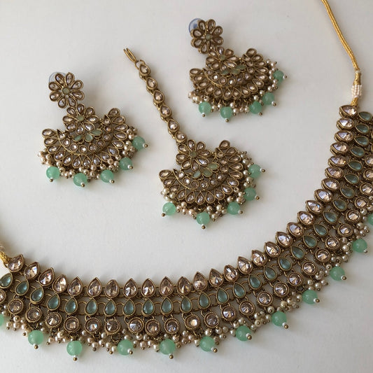 Stunning Sea Green Necklace Earring Tikka Set