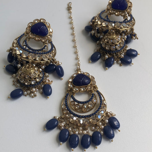 Navy Blue Jumke Earring Tikka Set