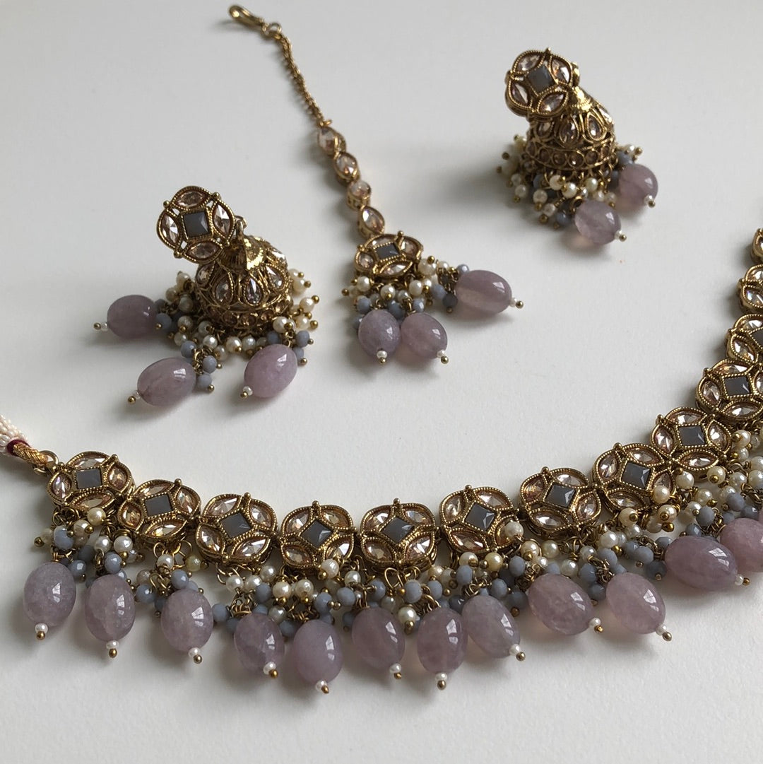 Elegant Grayish Purple Stone Necklace Earring Tikka Set