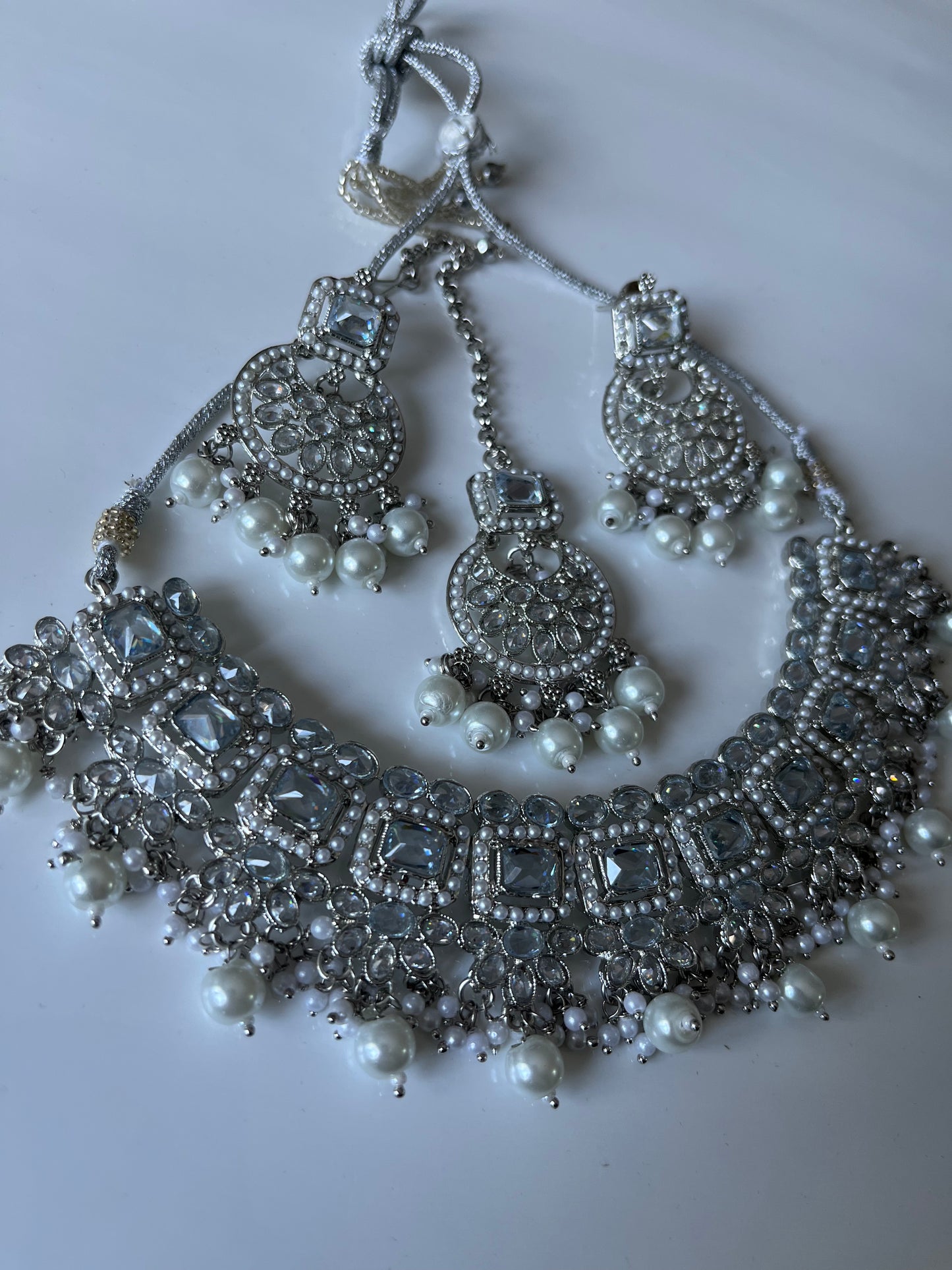 Stunning Silver Pearl Necklace Earring Tikka Set