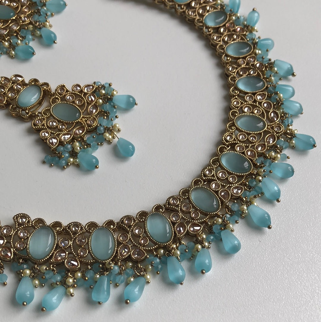 Ocean Blue Elegant Stone Necklace Earring Tikka Set