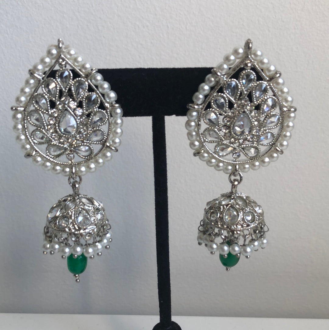 Silver Emerald Necklace Earring Tikka Set