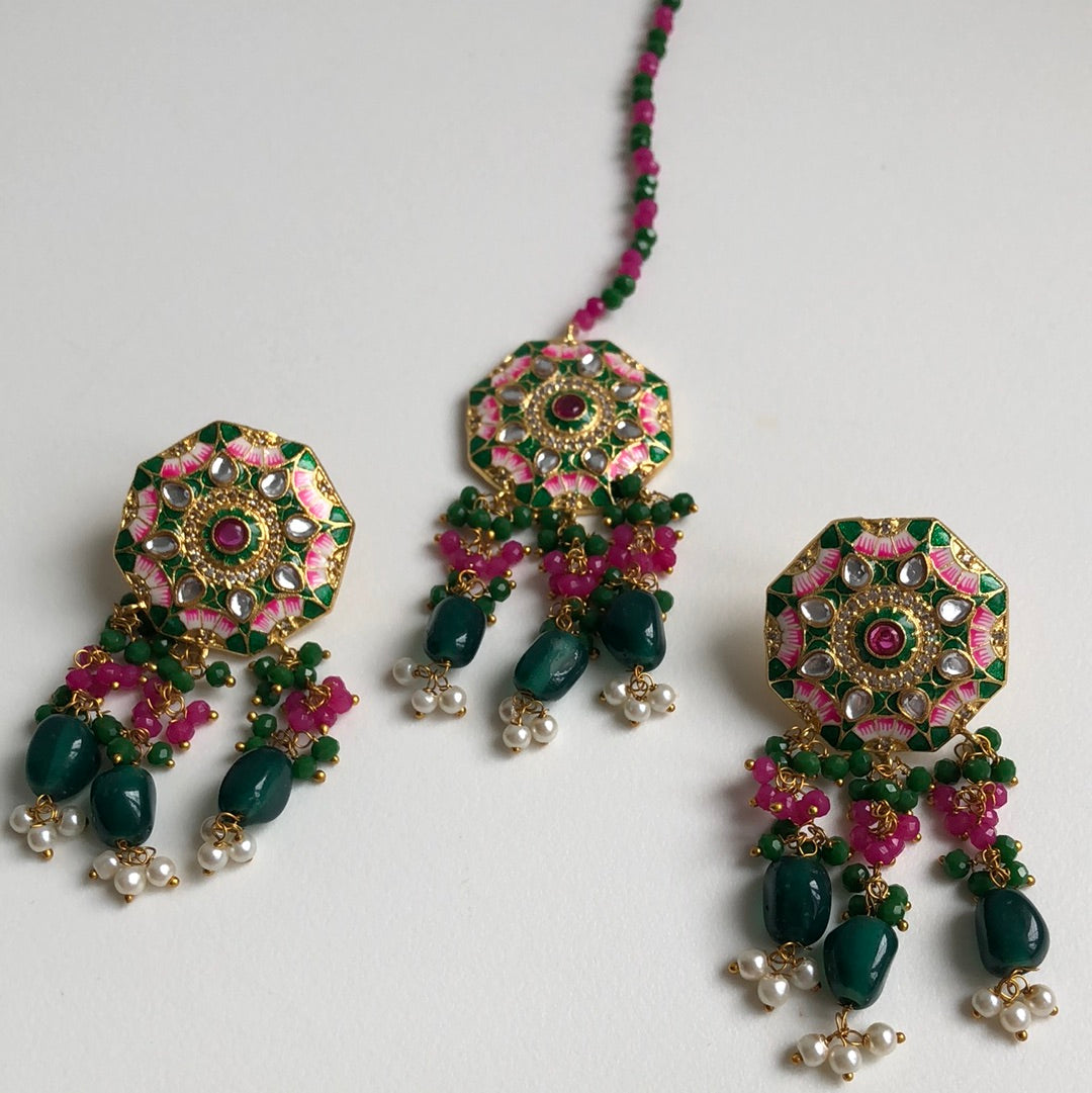 Forest Green & Pink Choker Necklace Earring Tikka Set