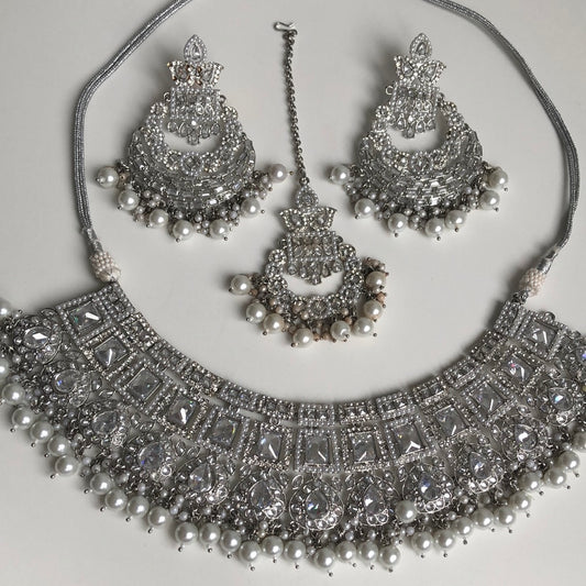 Silver Crystal Necklace Earring Tikka Set