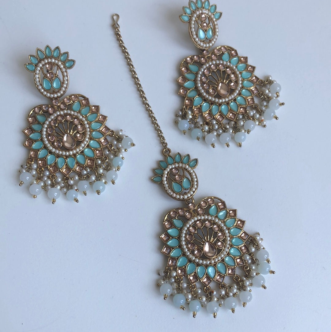 Two Tone Blue Earring Tikka Set