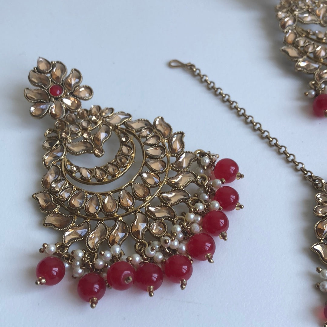 Large Red Drop Earrings Tikka Set