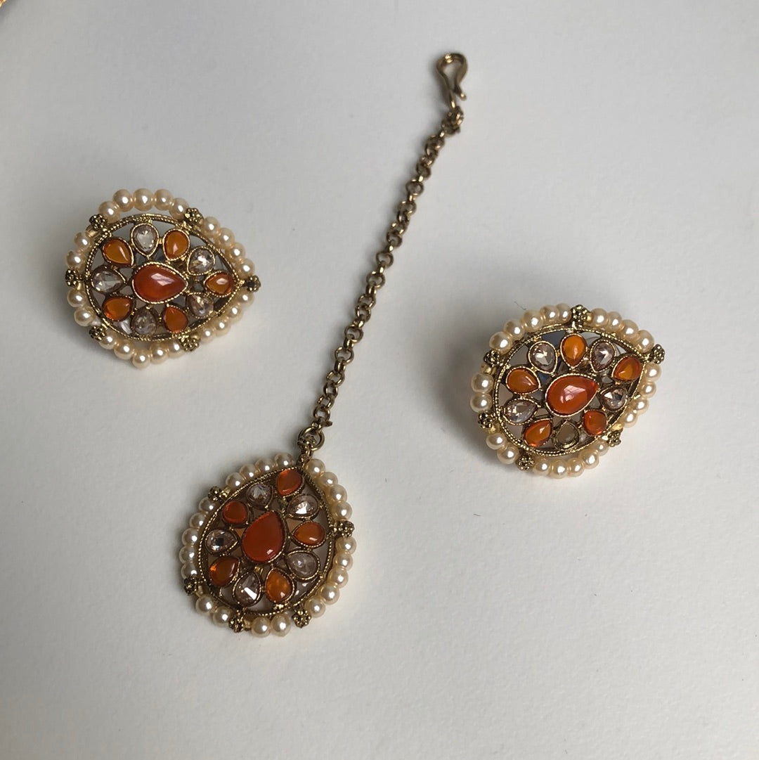 Orange Choker Necklace Earring Tikka Set